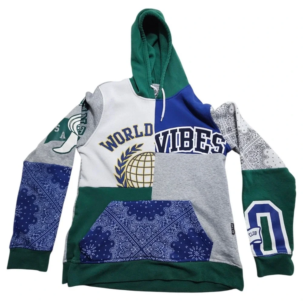 Brooklyn Cloth World Vibes Patchwork Hoodie Large‎ Multi Color Paisley Graphic